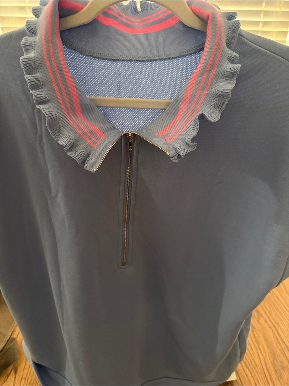 Ruffle Collar Half-Zip Sweatshirt in Dusty Blue with Pink Trim -Pop that collar